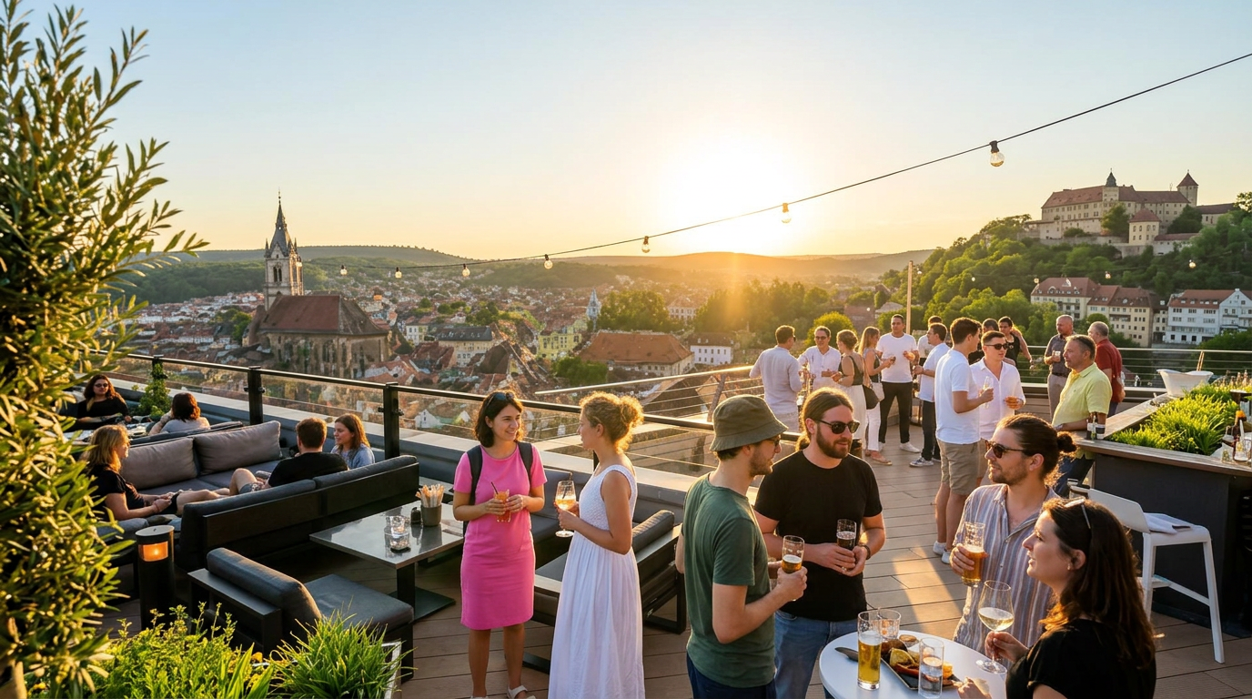 Sonnenuntergang über Tübingen von der SKYBAR-Dachterrasse